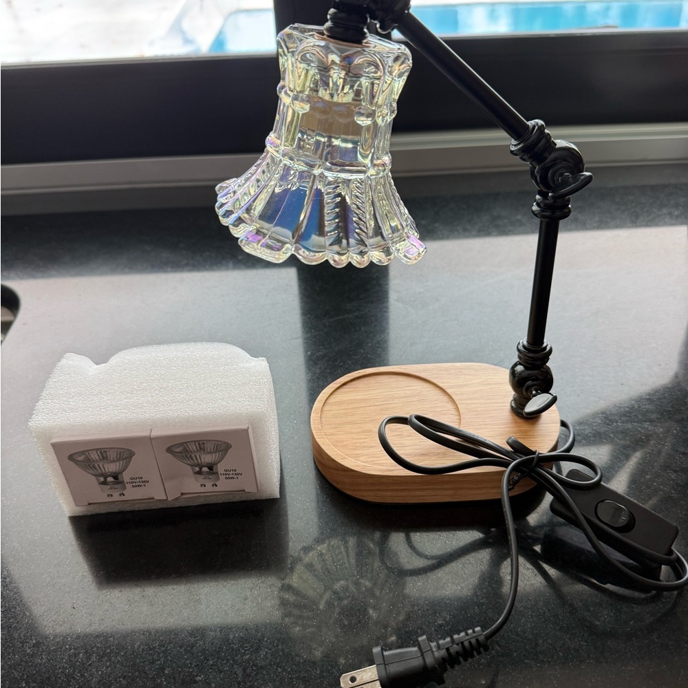 Glass Bell Melting Wax Table Lamp with Wood Base - Iridescent Clear